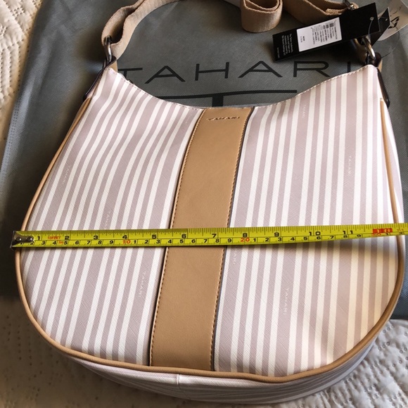 Tahari Logo Hobo sand stripe handbag including grey cover protector. - Picture 3 of 10